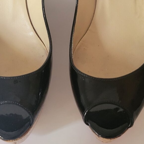 Christian Louboutin Black Patent Leather Peep Toe Cork Sole Platform Wedges - Picture 8 of 14